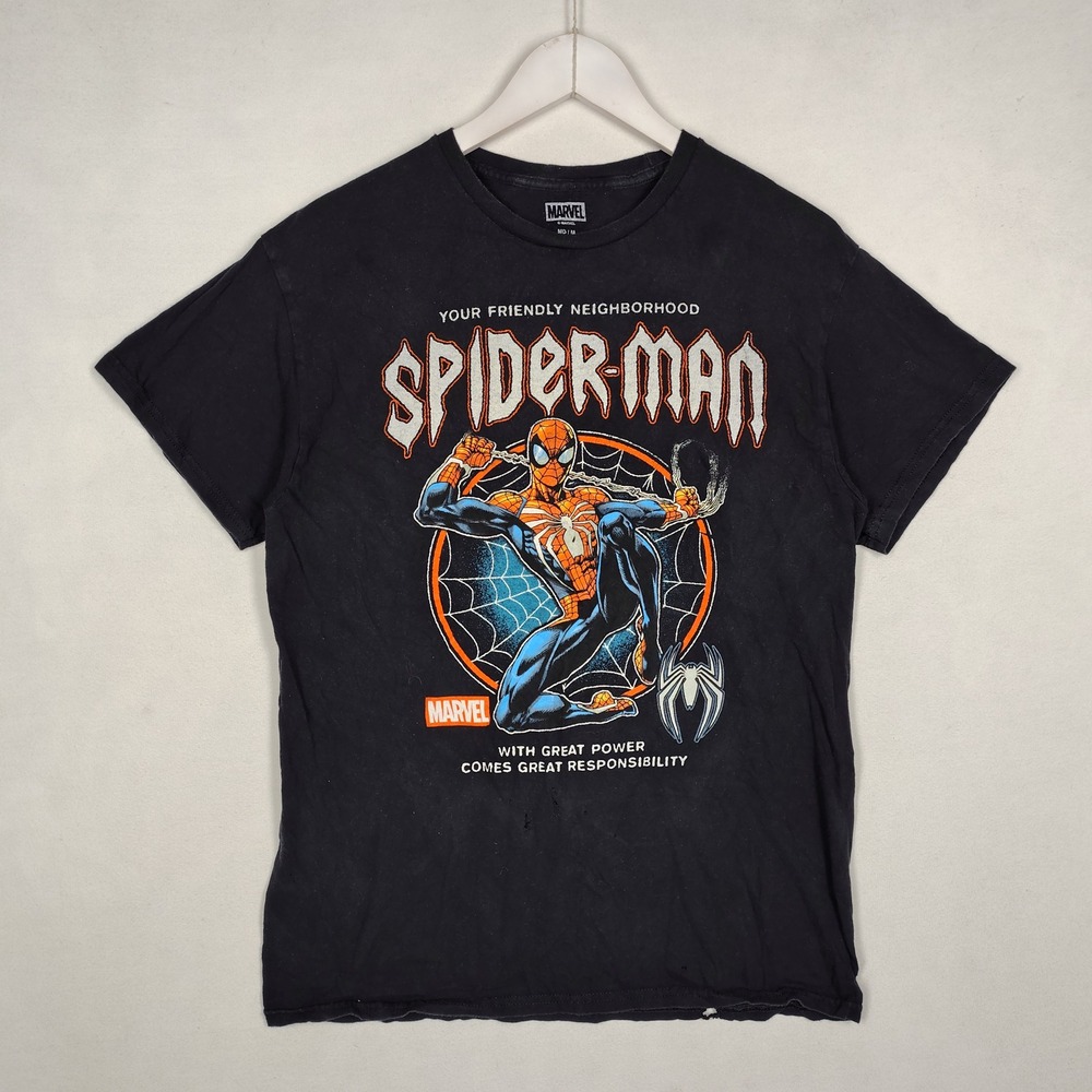 Marvel Spider-Man Graphic T-Shirt Mens Medium Black Short Sleeve Distressed Tee